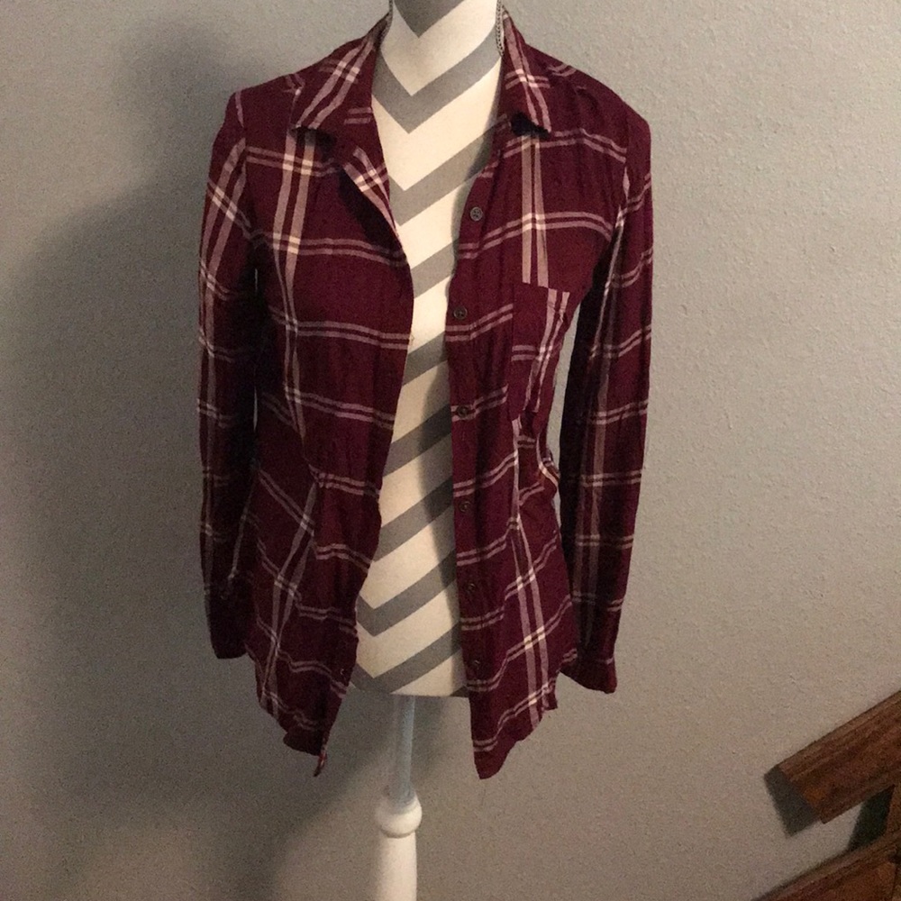 Maroon plaid button up shirt